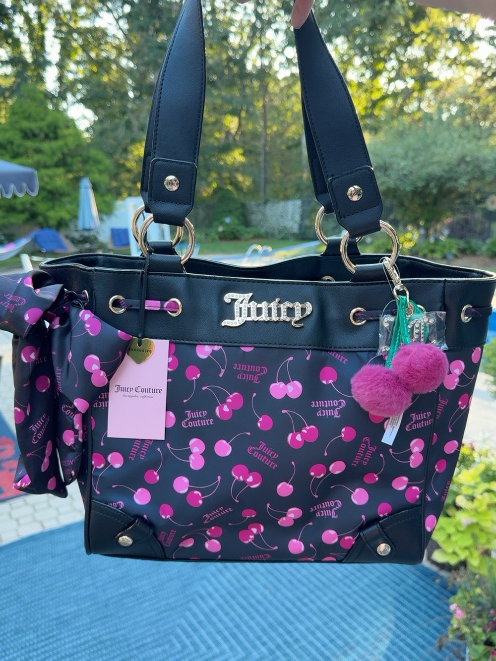 NWT Juicy Couture Black Tote with Hot Pink Cherry Print & Pom Charm